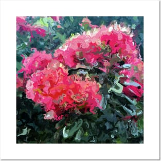 Red flower blossoms amid lush green foliage Posters and Art